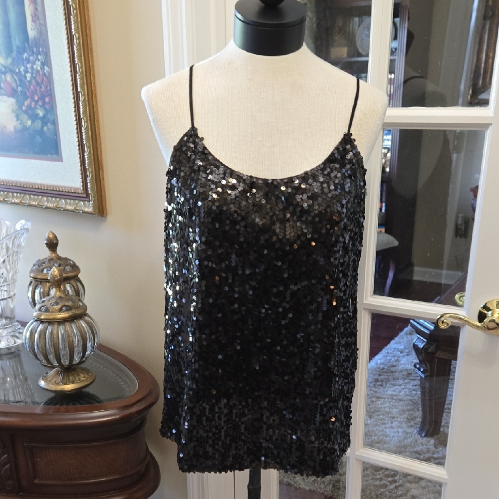 QMack Black Sequin Camisole Top Adjustable Spaghetti Straps Size Large EUC